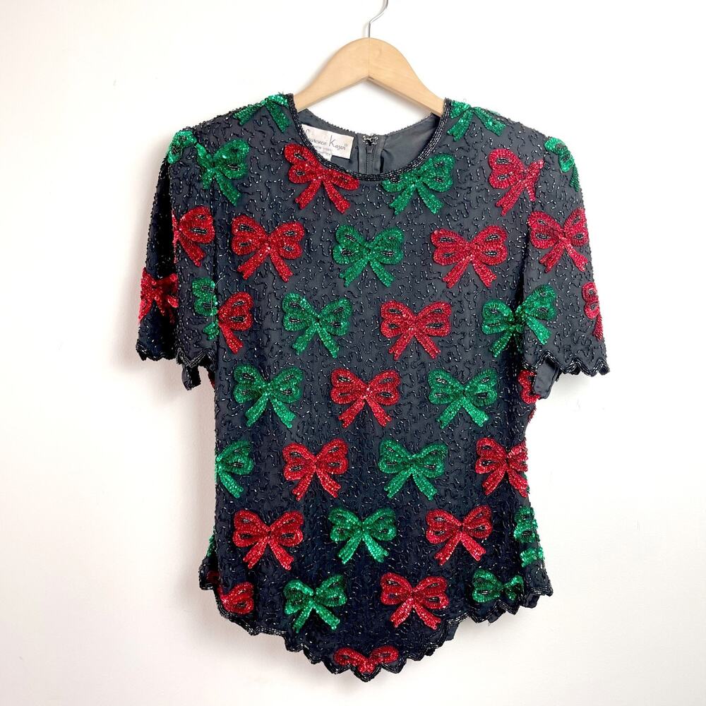 Vintage 80s Laurence Kazar Christmas Beaded Sequin Silk Top Sz M Holiday Bow‎